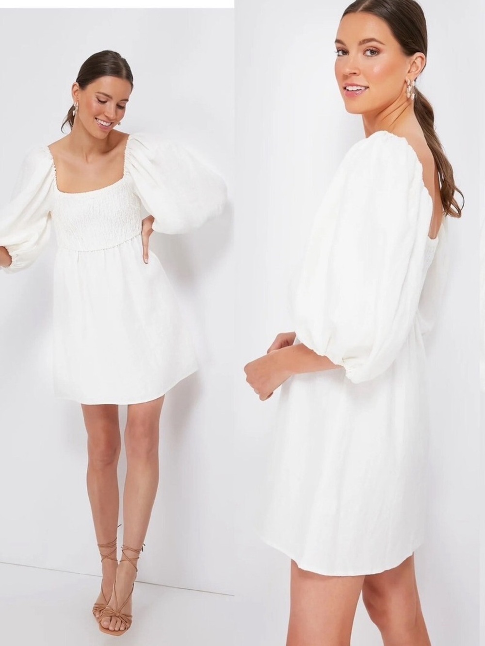 Tuckernuck Annie White Puff-Sleeve Smocked Mini Dress M 100% Linen